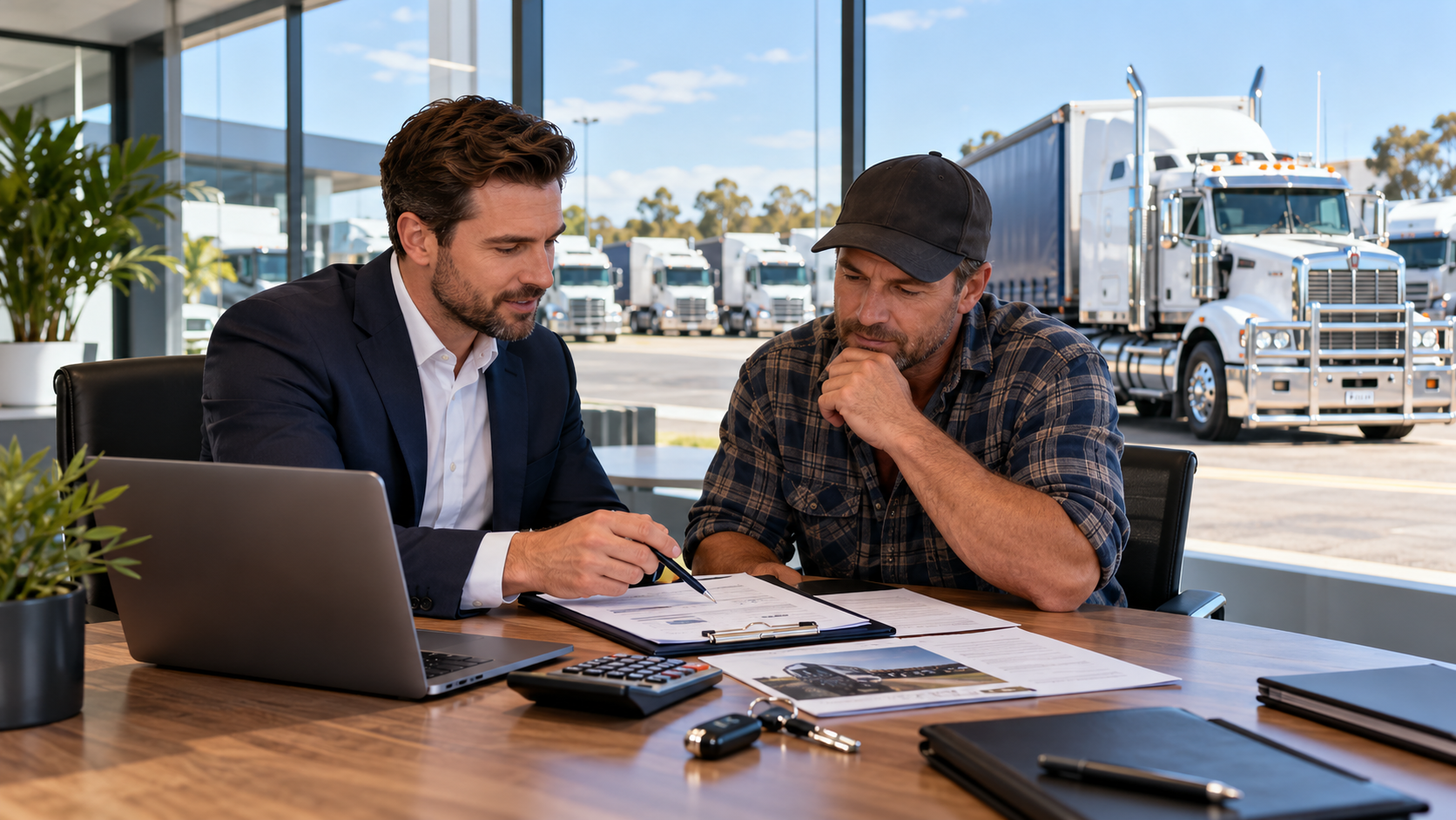 Truck finance broker discussing finance options with an owner driver